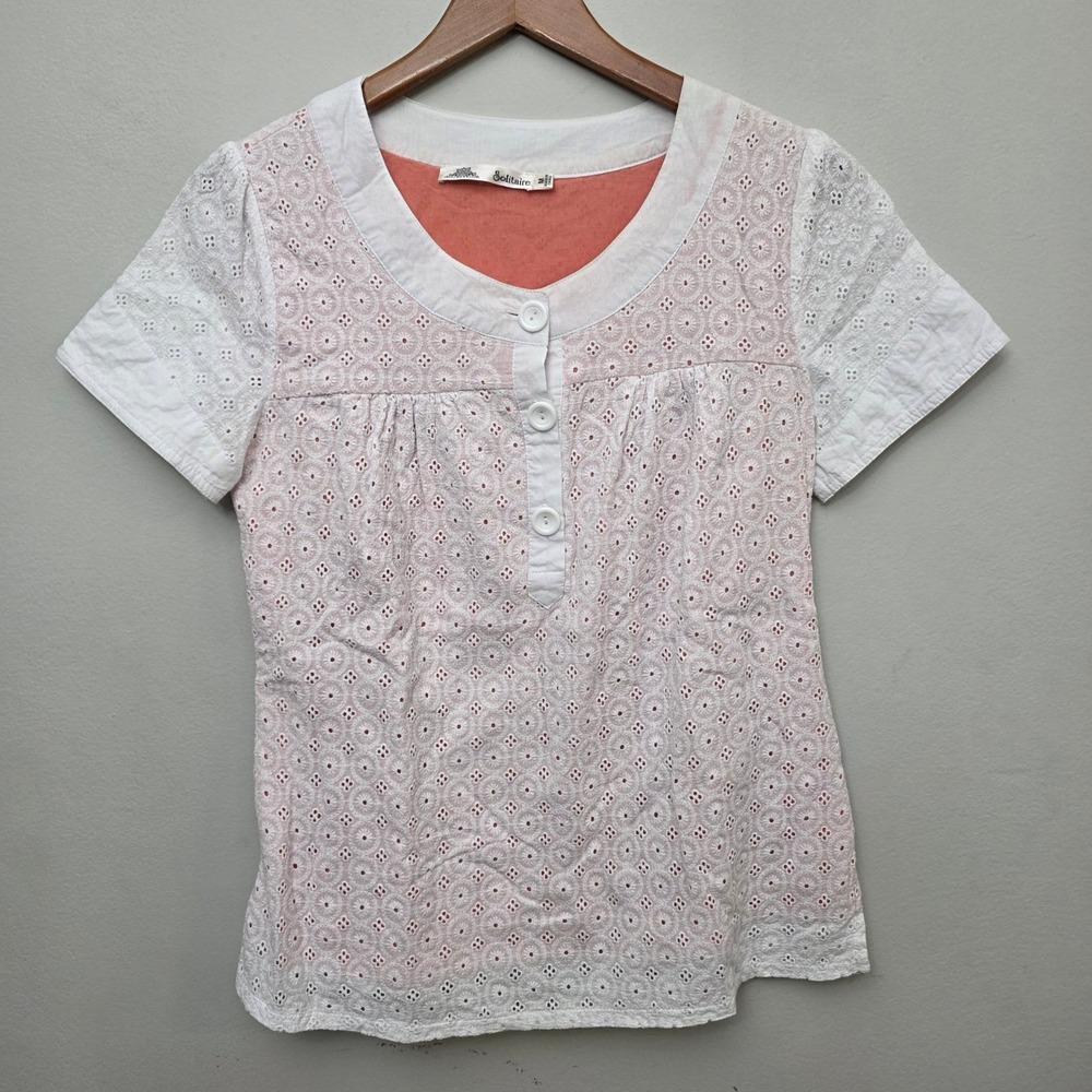 Solitaire Eyelet Lace Blouse Womens Medium White Pink Boho Cotton Button Top